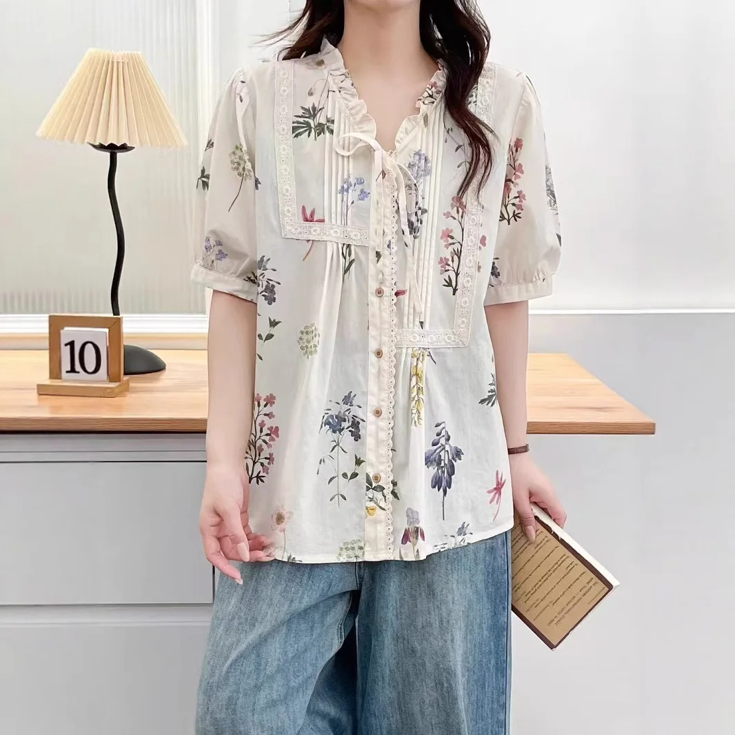 

Japanese Sweet Mori Girl Lace Crochet Patchwork Floral Print Cotton Shirts Women Summer V-Neck Short Sleeve Casual Blouse Tops
