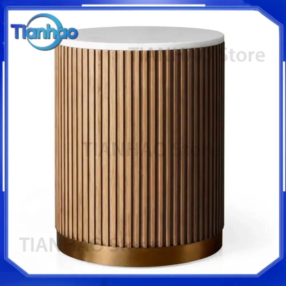 Luxury Modern Oak End Table with Round Marble Coffee Table Wooden Side Table for Living Room Home Use