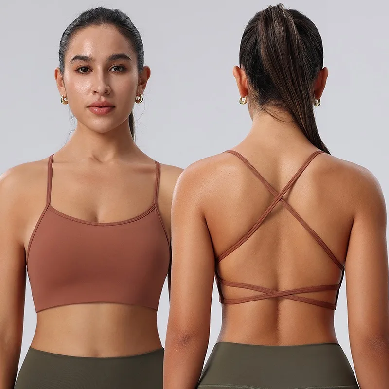 Crisscross Back Sports Bra for Women Thin Strap Padded Yoga Bra Seamless Low-Impact Workout Tank Top Quick Dry Gym Fitness Top