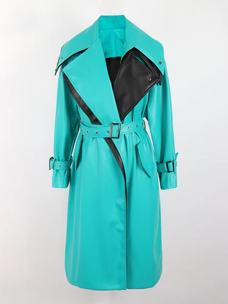 Mauroicardi Spring Autumn Long Waterproof Patchwork Pu Leather Trench Coat for Women Belt Luxury Designer Emo Clothes Overcoat