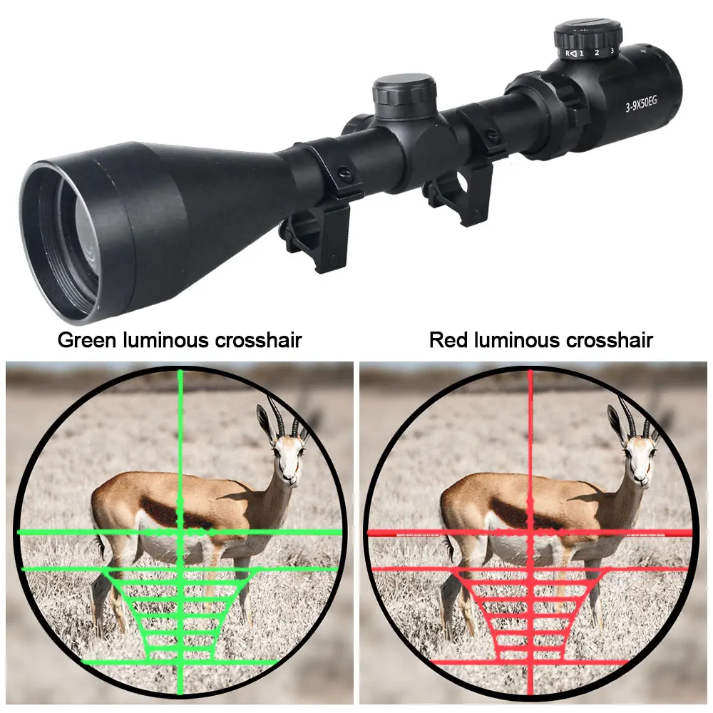 3-9x50 Hunting Riflescope Optical Scope Green Red Illuminated 11/20mm Rail for Air Rifle Optics Hunting Airsoft Sniper Scopes