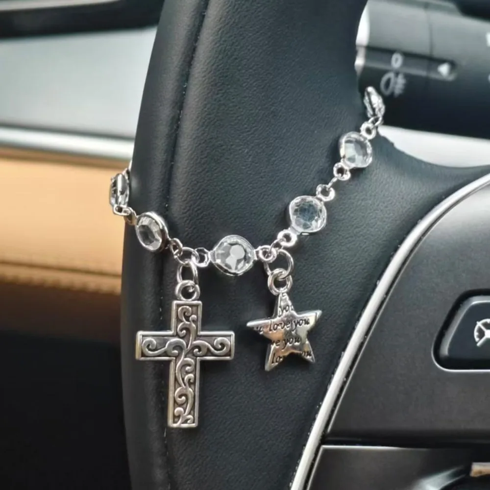 1-12Pcs Star Cross Car Steering Wheel Charm, Crystal Bead Religious Rosary Rearview Mirror Hanging Decor Faith Car Hanging Gift