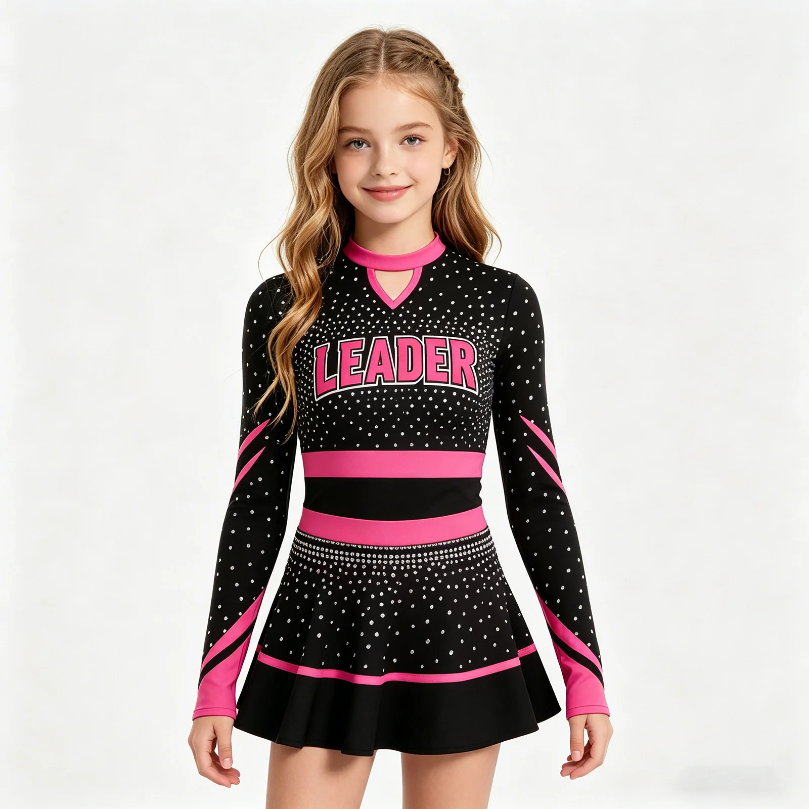 

Kids Black Pink Sparkly Rhinestone Cheerleading Uniform Long Sleeve Cheer Dress Girls Competition Performance Costume Outfit