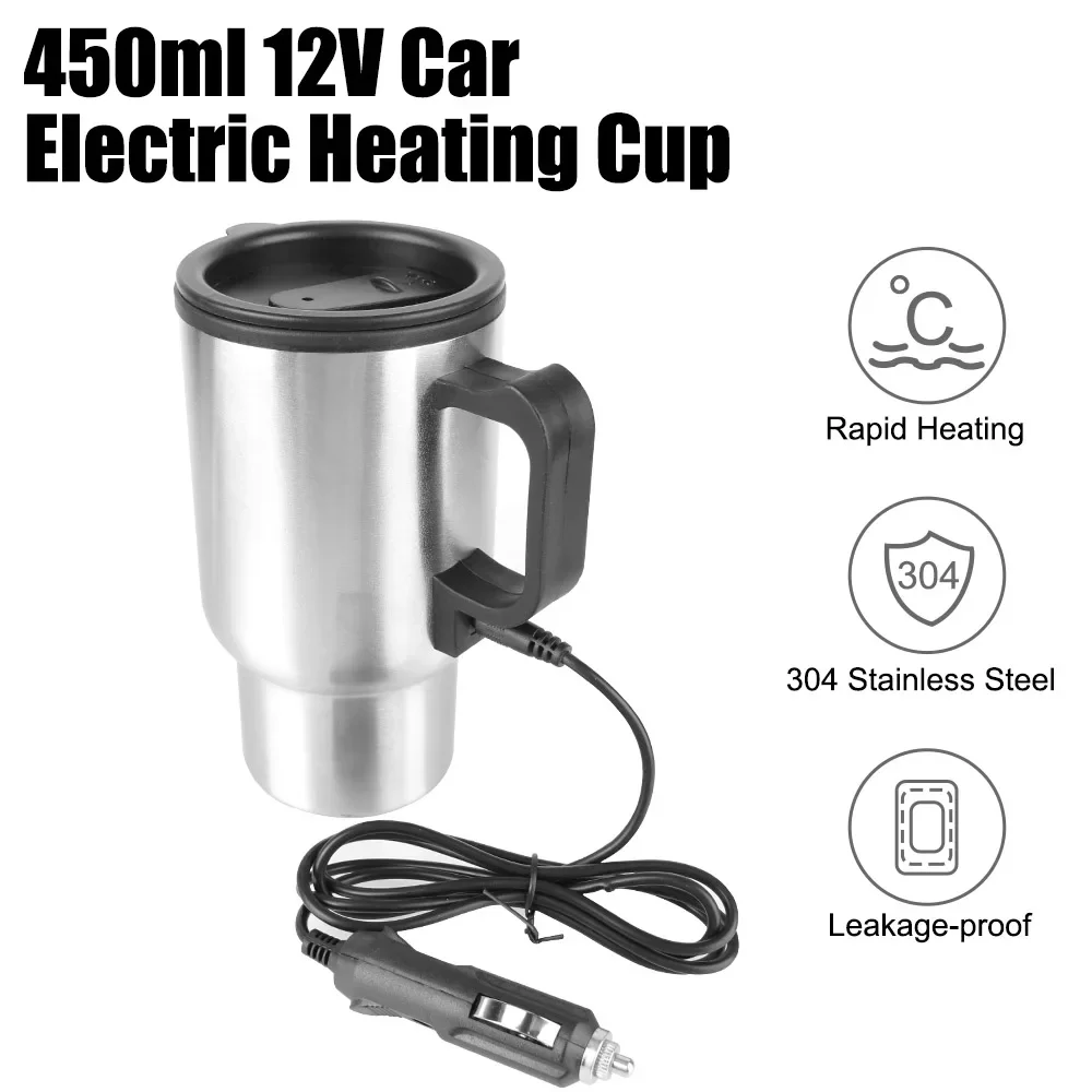 450ml Car Kettle Stainless Steel Electric Car Travel Heating Mug 12V Heatable Auto Shut-off For Hot Water Tea Coffee