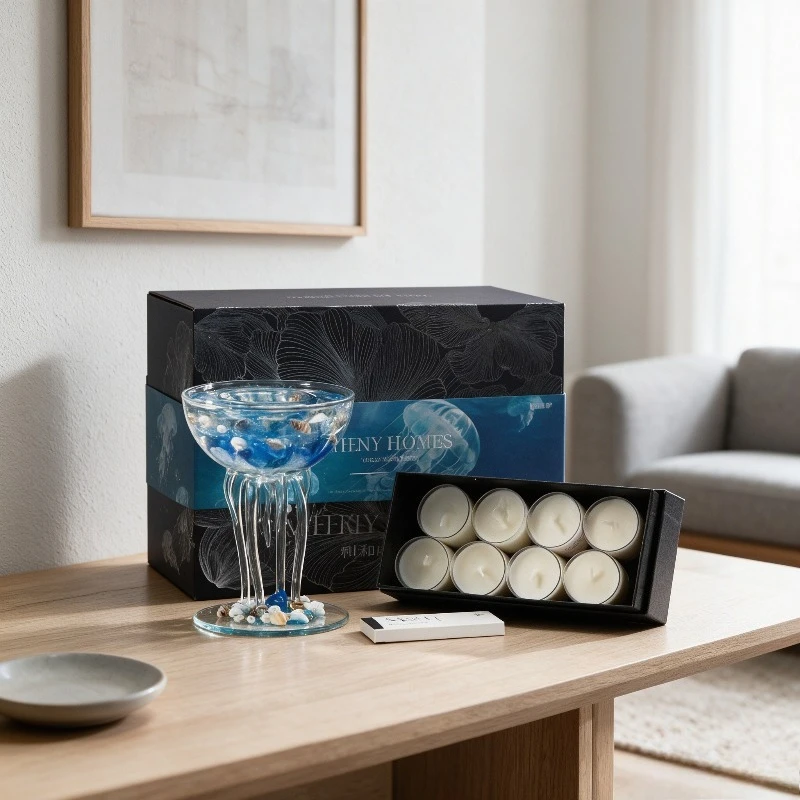Creative Glass Candle Holder with Jellyfish Design, Ocean Scented Candle Decor for Bedroom, Birthday Gift Box Set for Her.
