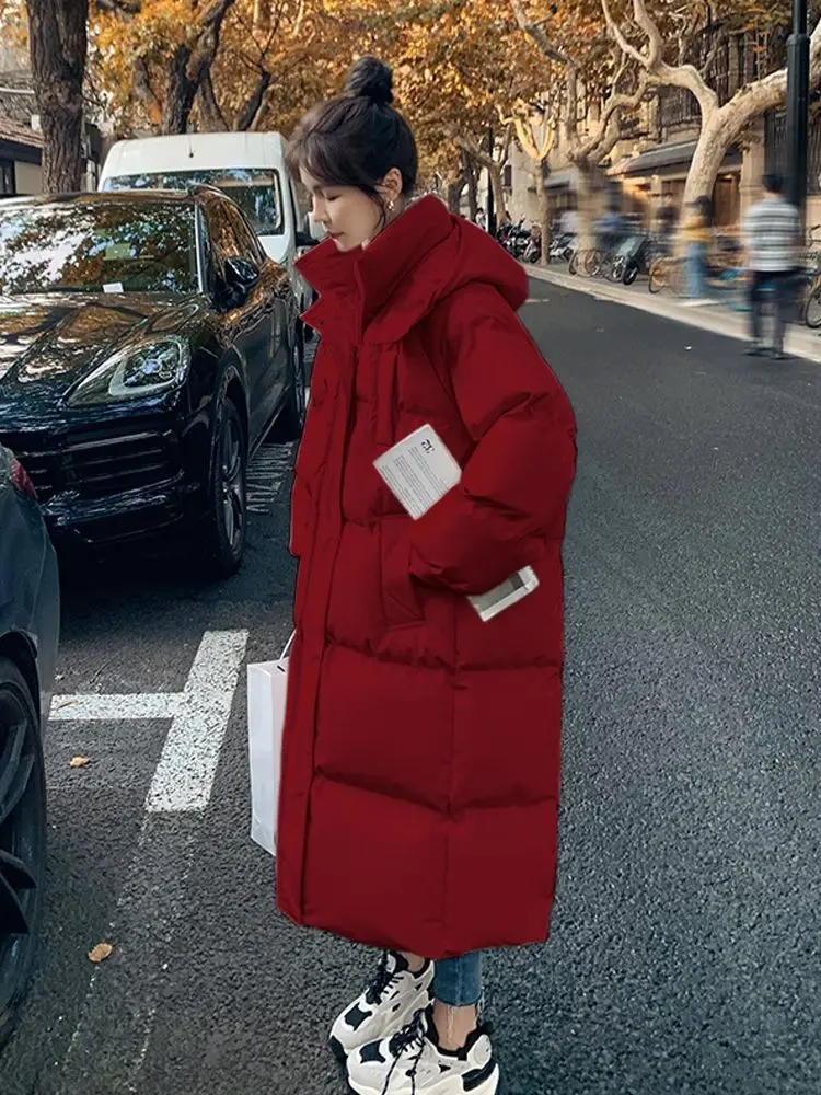 2024 inverno donna nuova media lunghezza allentata al ginocchio sopra la giacca di cotone Breadman con cappuccio spesso