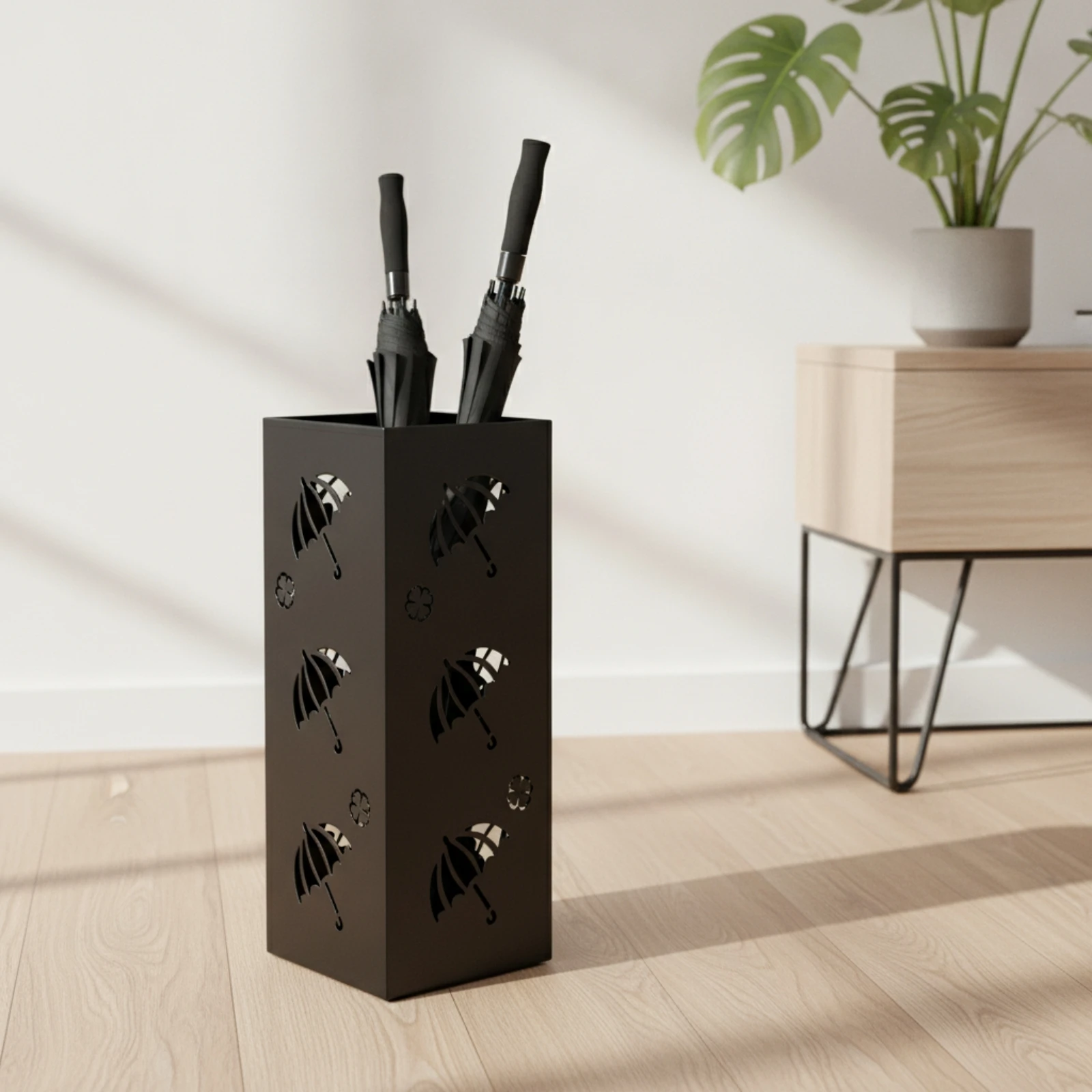 Metal Umbrella Holder Matte Black Umbrella Stand with Cutouts Rectangular Openwork for Entryway, Office