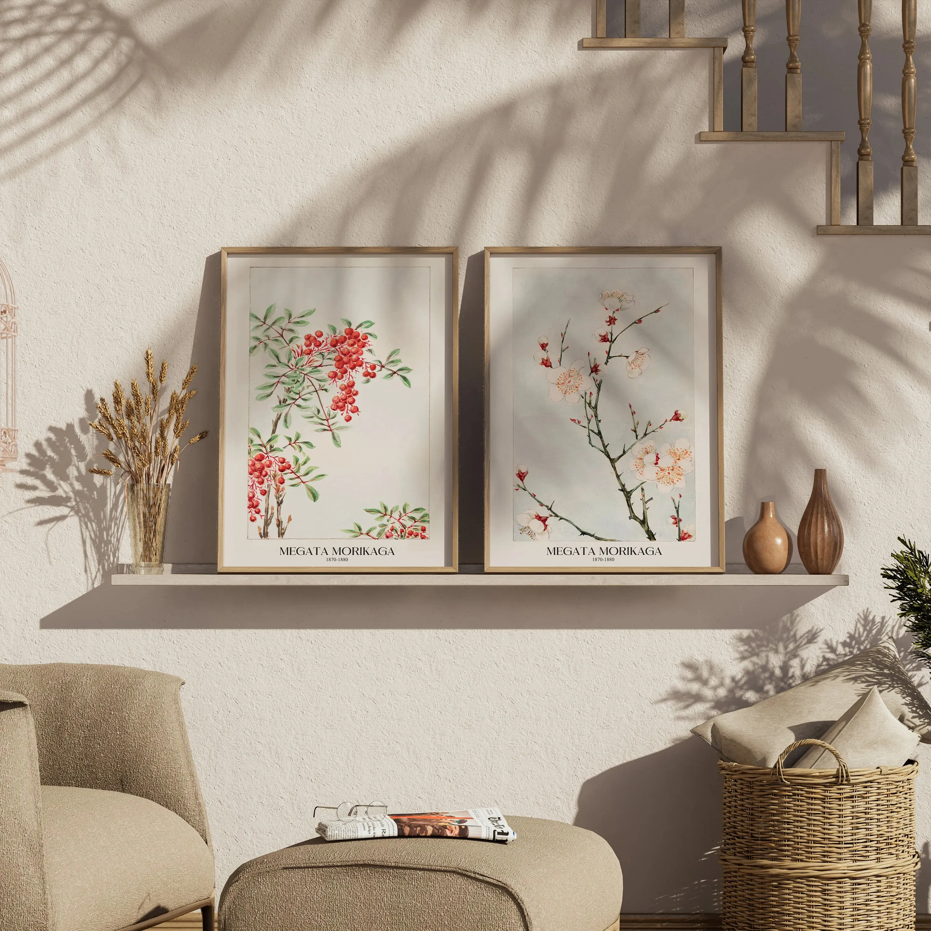 فن الحائط الياباني، قطعتان من مطبوعات الزهور الفنية اليابانية، طباعة يابانية، فن الحائط الياباني، ديكور منزلي بطباعة فنية حديثًا لهدية غرفة النوم