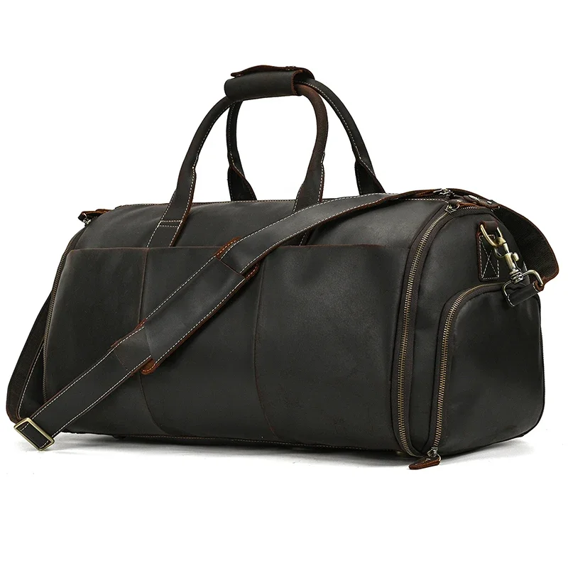 

Vintage Suit Overnight Bag Luxury Men Crazy Horse Leather Travel Duffle Bag With Shoe Compartment