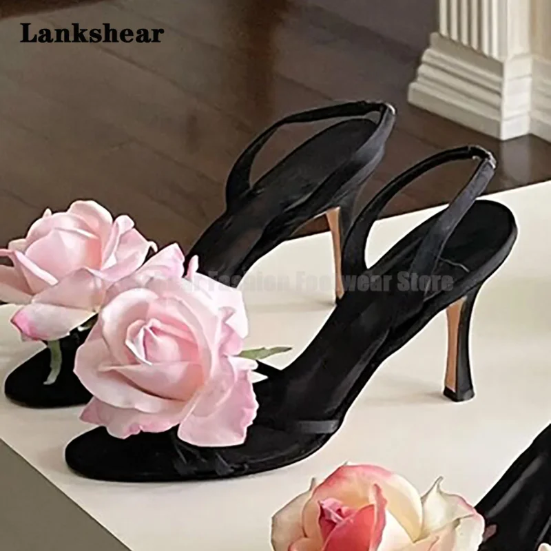 Pink Rose High-Heeled Shoes Open-Toed Back Empty High-Heeled Shoes Women\'s Summer Rear Strap Hollow Sandals Women\'s Shoes