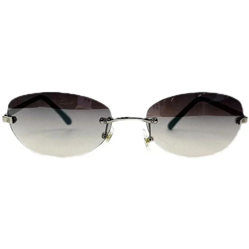 Retro oval frameless metal sunglasses, 90s Hong Kong style elegant Y2K sunglasses, cool men and beautiful women