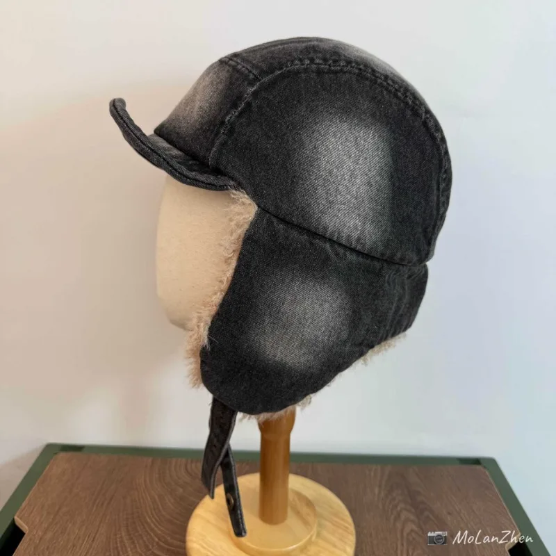 اليابانية الرجعية غسلها الدنيم زائد الصوف لي فنغ قبعة للرجال والنساء الشتاء سميكة ودافئة الدراجات سدادات حماية الأذن منفذها القبعات