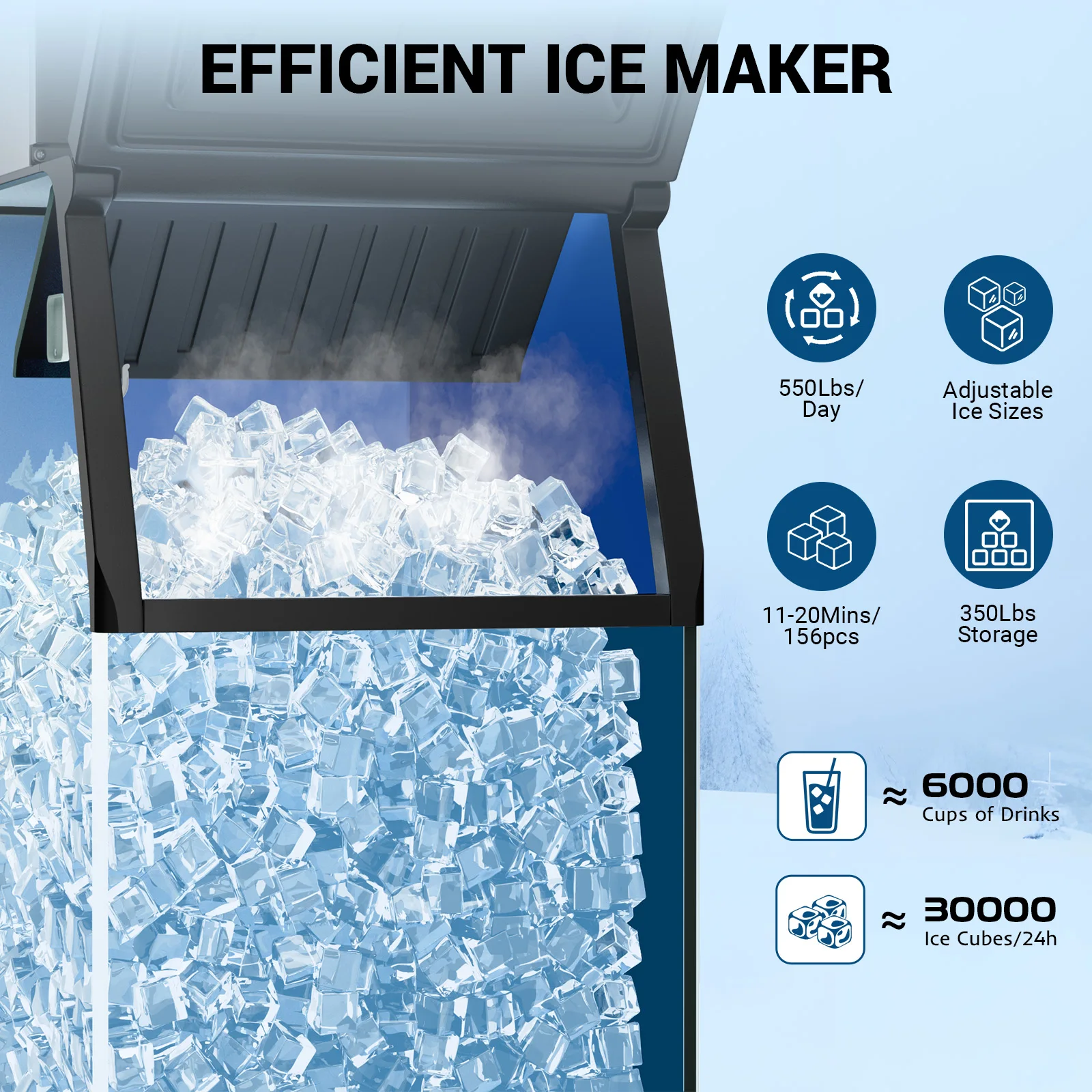 Commercial Ice Maker Machine 550LBS/24H with 350 LBS Large Storage Bin，Stainless Steel Ice Maker Auto Self-Cleaning