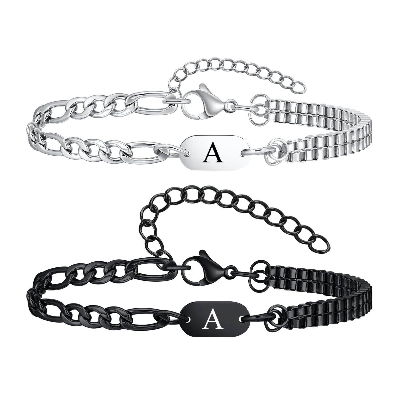 Initials Bracelets for Men Women Couple,Alphabet A-Z 26 Letter Stainless Steel Chain Link Wristband,Valentine's Day Gift for BBF