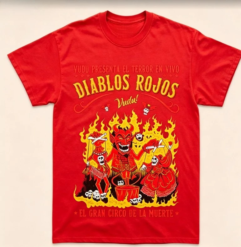 2026 Black Crew Neck T‑shirt Vintage Circus Demon Skeleton Puppet Fire Retro Poster‑Style Unisex Cotton Short Sleeve Tee