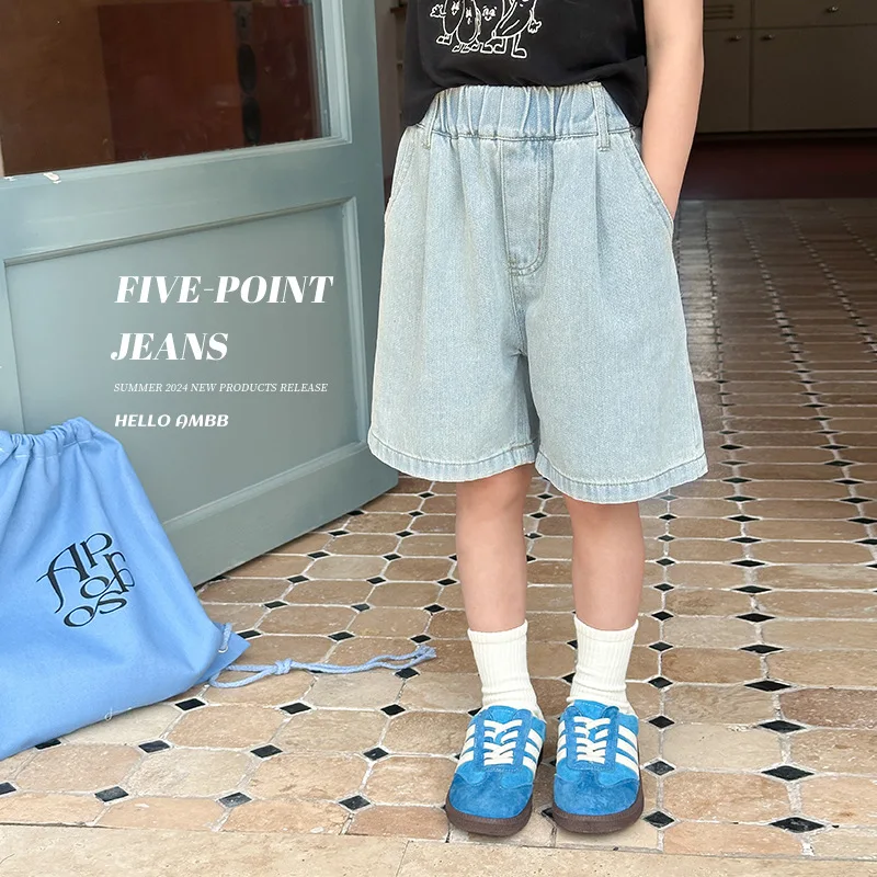 

Kid Jean Pant Short Boys and Girls Fifth Jeans 2024 Summer New Children Korean Style Casual Loose Big Kid Fashion Shorts Pants