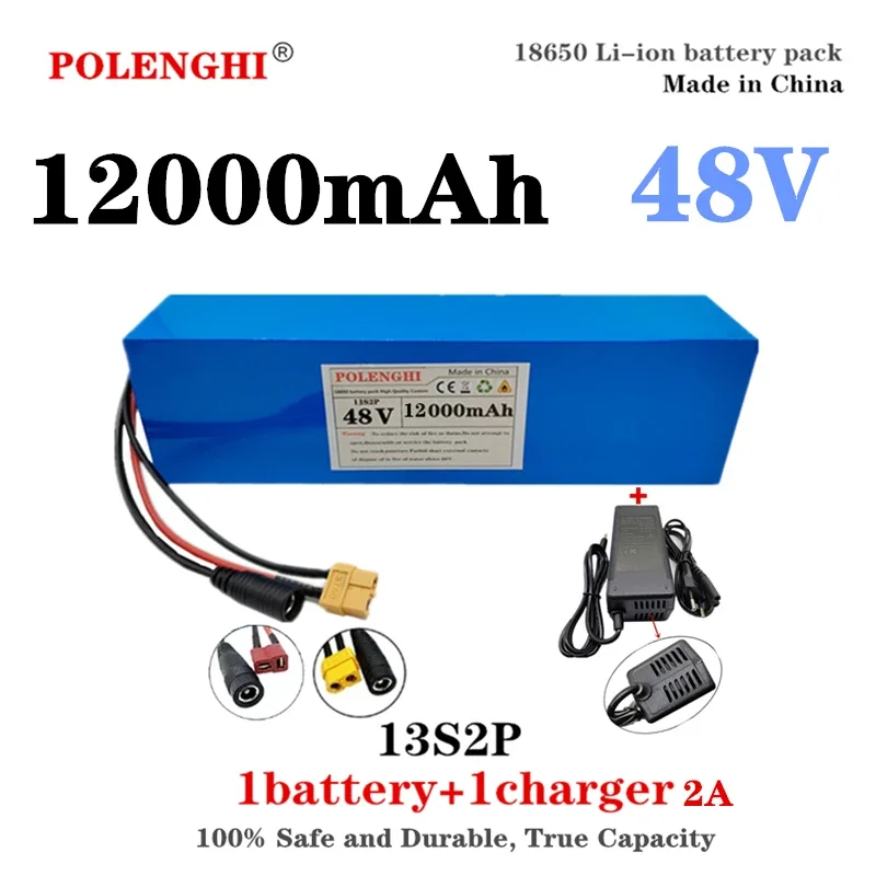 True capacity XT60/T plug 48V lithium-ion battery pack 13S2P 12Ah built-in BMS,suitable for electric bicycles, sold with charger