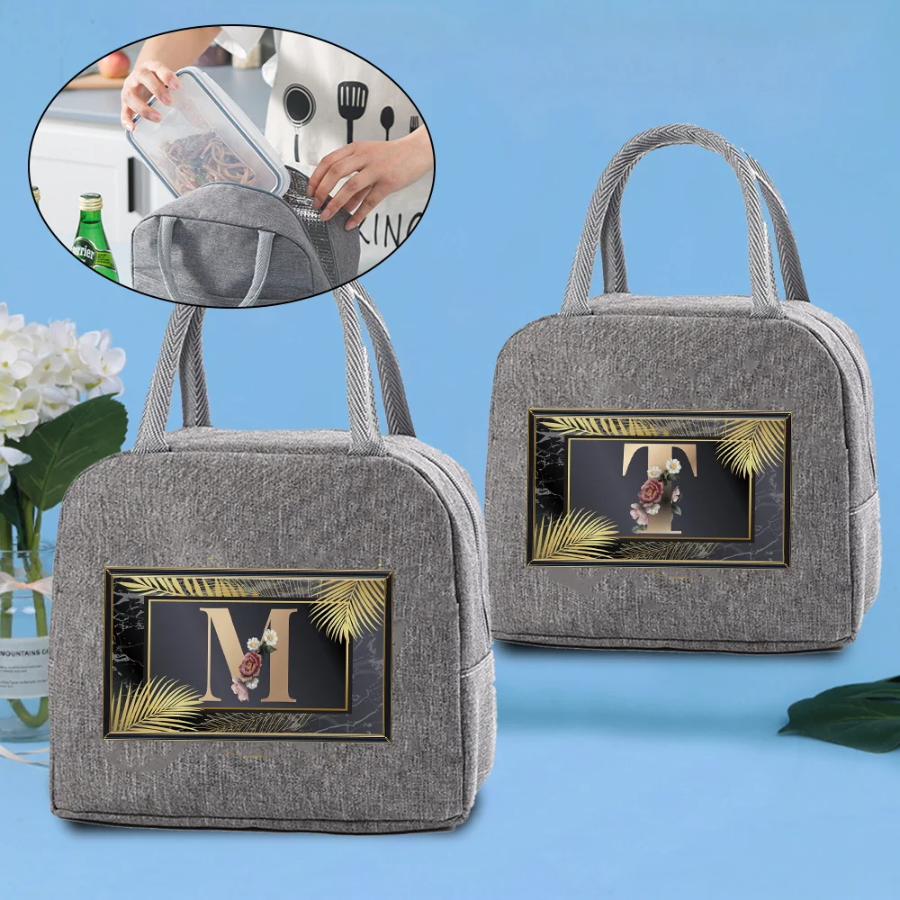 

Lunch Bag for Insulated Cooler Lunch Box Golden Letter Series Printing Pattern Grey Canvas Bags Child Food Picnic Pouch Handbags