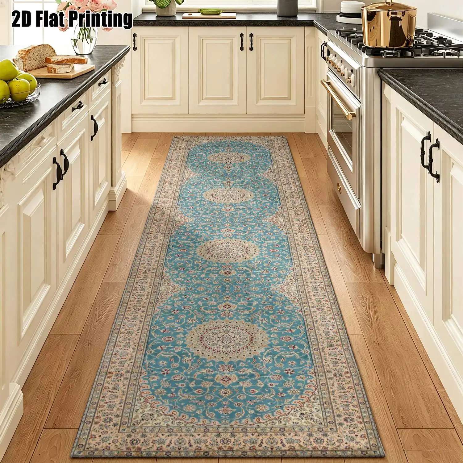 1Pc 2D Printed Long Strip Runner Carpet: Green-Blue Round Flower, Retro, Geometric Stripe, Bohemian Style Machine Washable, Multi-Size, Fits Entryway, Hallway, Living Room, Bedroom for Home Decor.