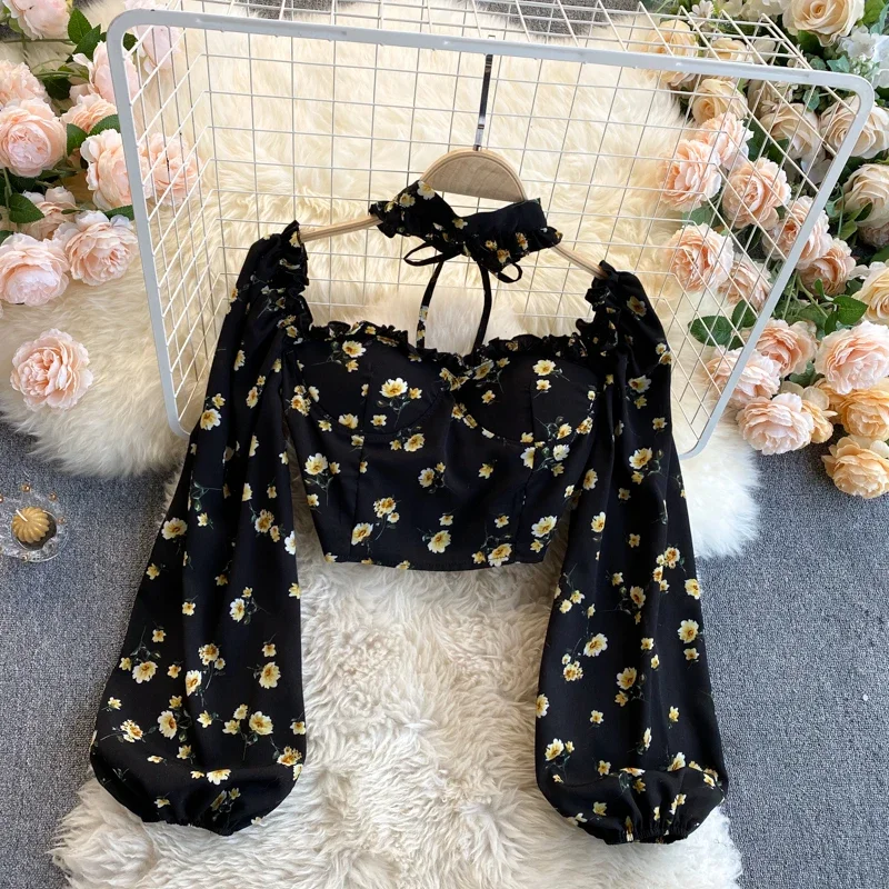 Sweet Women Pullover Shirt Thin Chiffon Off-Shoulder Long Puff Sleeve Short Crop Top Women Printed Chest Pad Bow Tie Slim Blouse