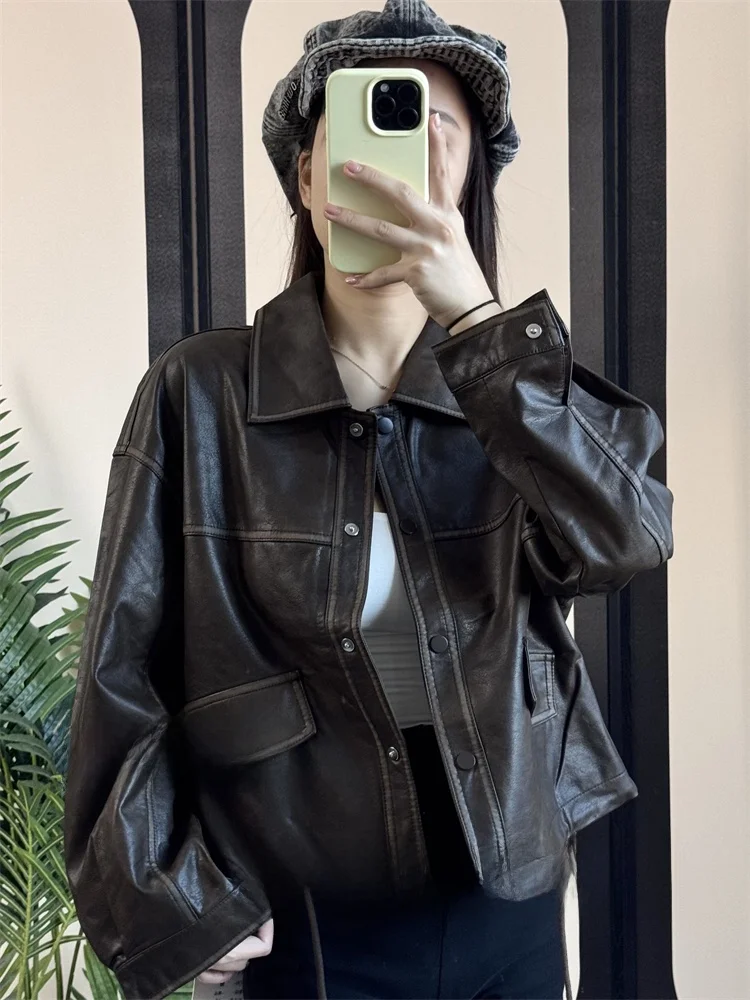 Retro Hong Kong Sle ort Loose Women's Leather Jaet Faionable Slimming Flip Collar PU Leather Coat Autumn Luxury Trend