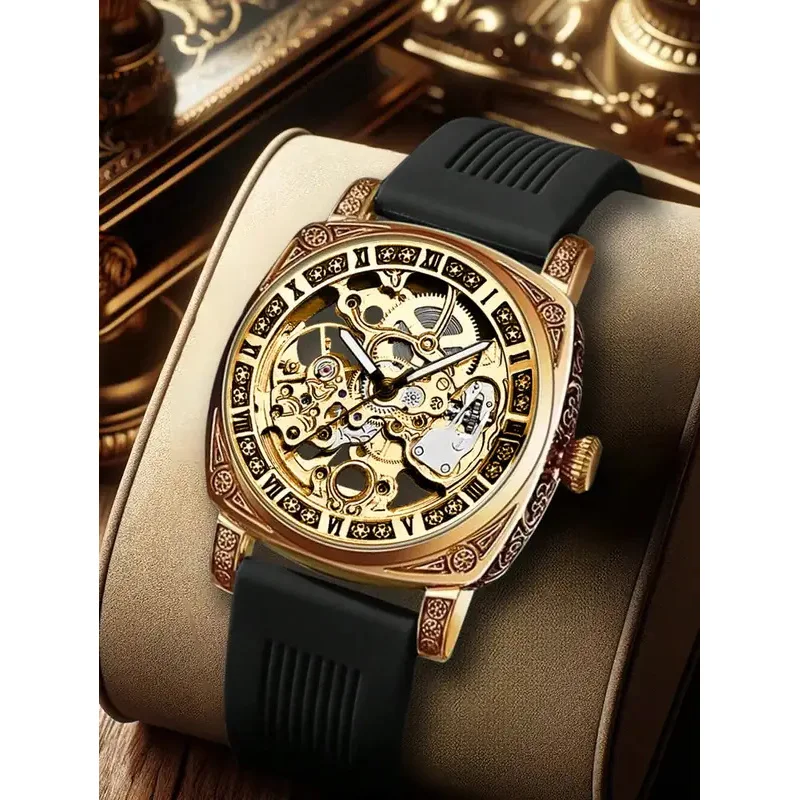 

New Men Carved Hollow Fashion Retro Luminous Leisure Fully Automatic Mechanical Watch Silicone Strap Trendy Man Mechanical Watch