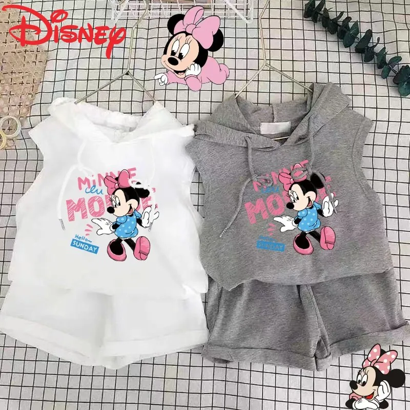 

Disney Minnie Children's New Cute and Sweet Creative Cartoon Pattern Casual Versatile Fashion Hooded Short Sleeve Shorts Set