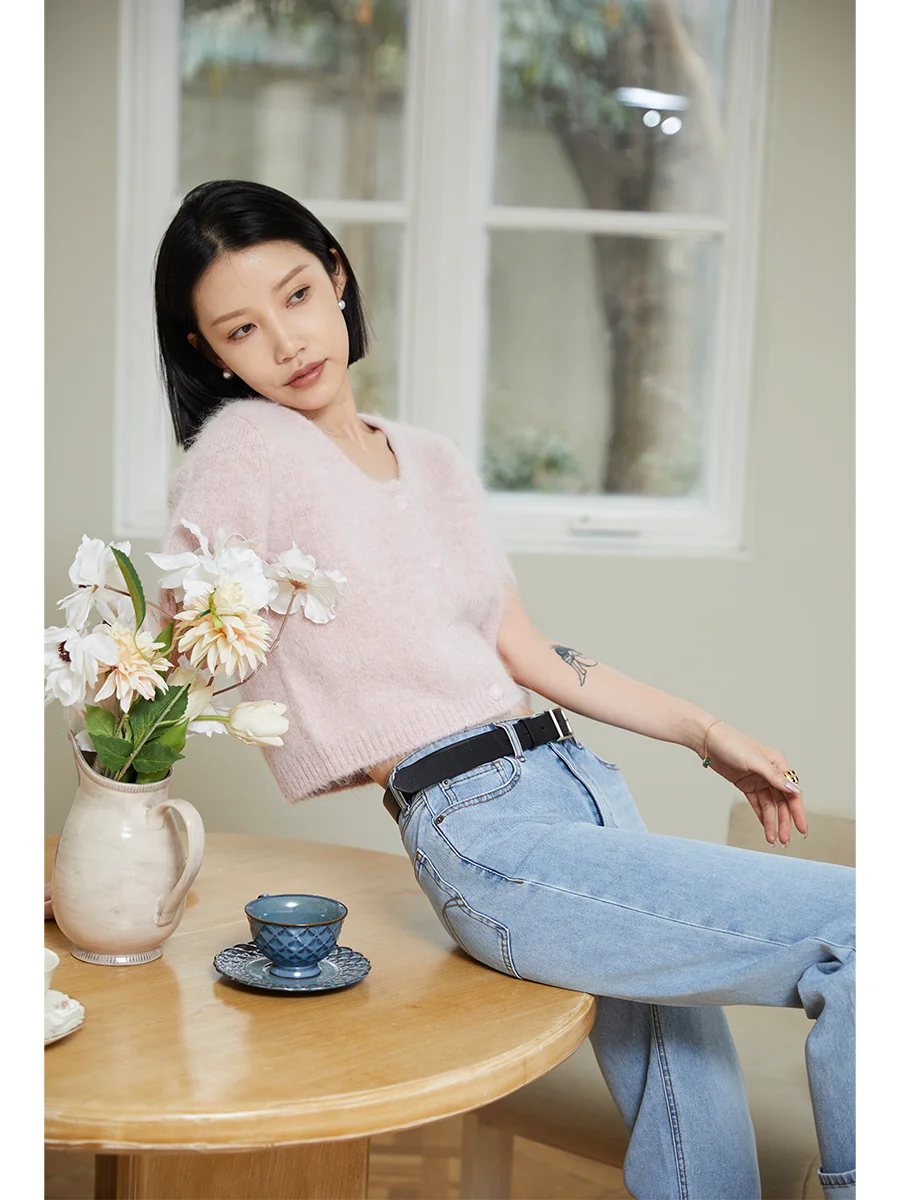 

Романтический вязаный свитер JXu с пуговицами и небольшим U-образным вырезом, розово-коричневый, из шерсти альпаки, для женщин