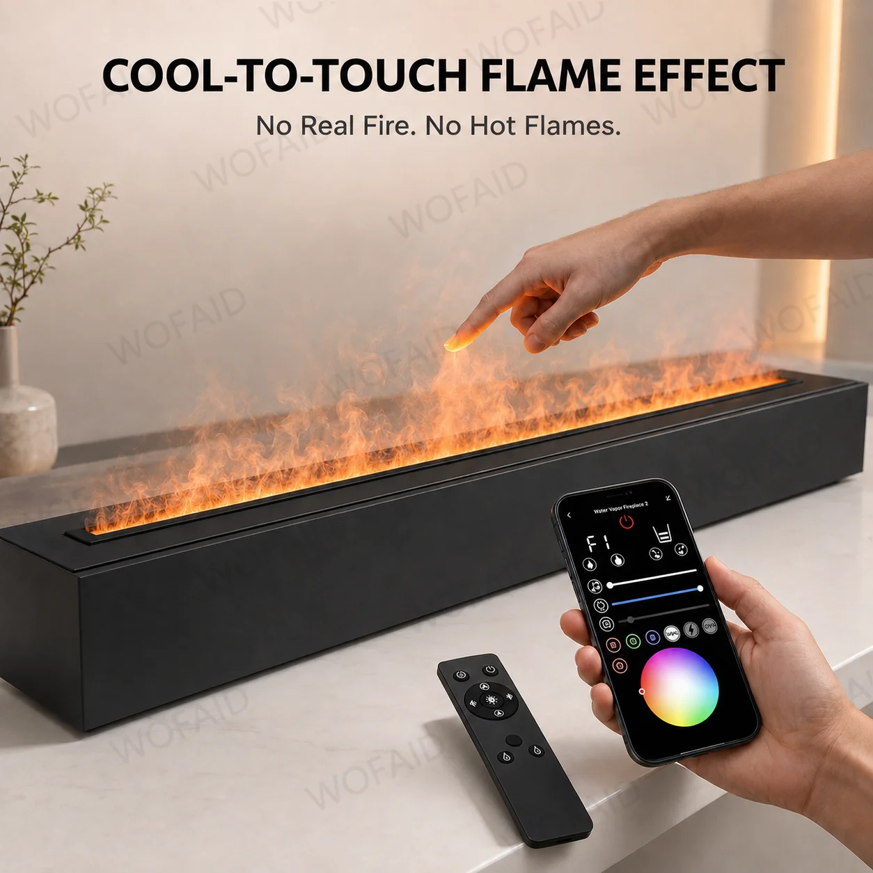 RGB Water Mist Fireplace Smart Water Vapor Fire Place Multicolor LED Flame Remote Timer and Dimming for Indoor Decoration