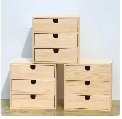 3-layer Solid Wood Storage Box Desktop Wooden Cosmetic Storage Cabinet Multi-layer Drawer Office Desk Storage Storage Box
