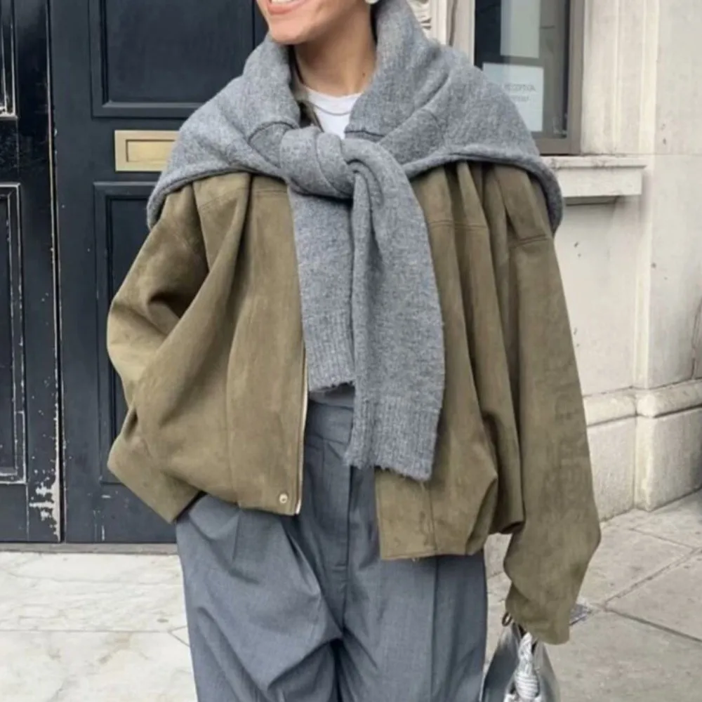 Chic Flip Collar Pilot Jacket Loose Casual Coat Suede Texture Zipper Outer Garment