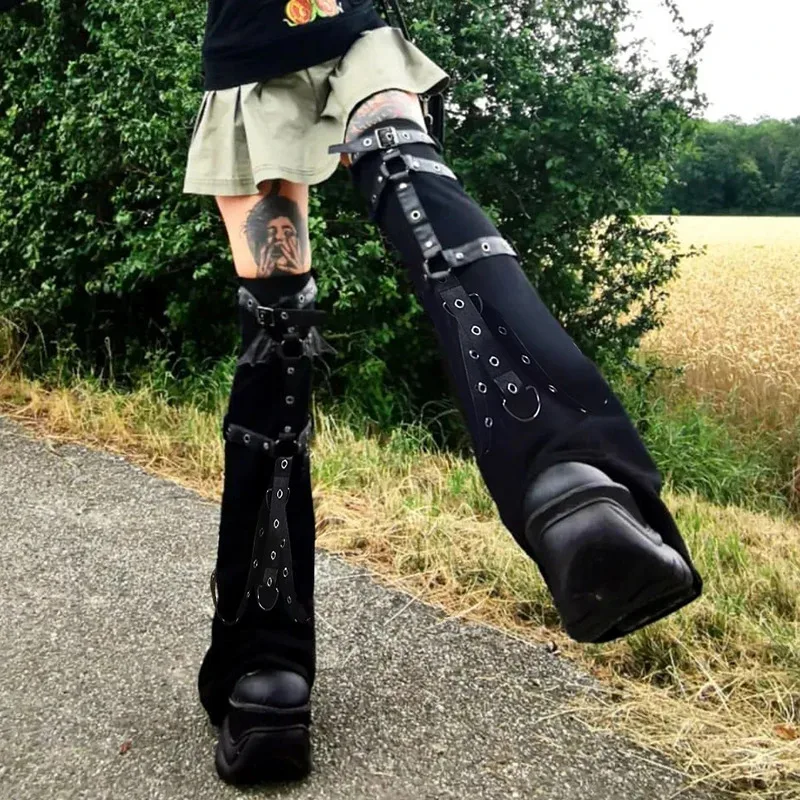 2000s Punk Leg Warmers Academia Mall Goth Knee Sleeves Bandage Leg High Boot Stockings Full Length Women Socks y2k