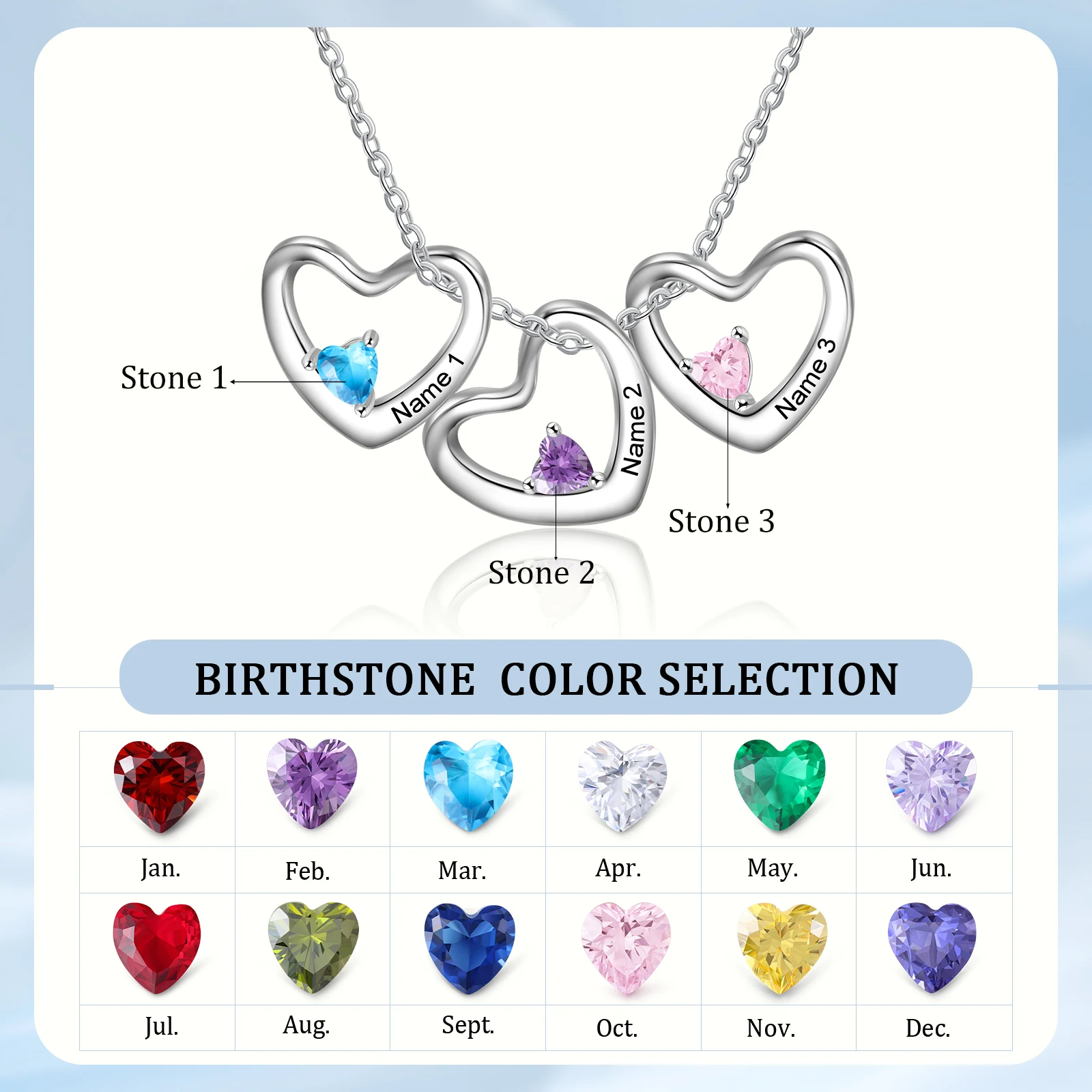 Custom Name Heart Pendant Necklace with 1-3 Birthstone Personalized Engraved Family Name Necklace Wedding Bridesmaid Gifts