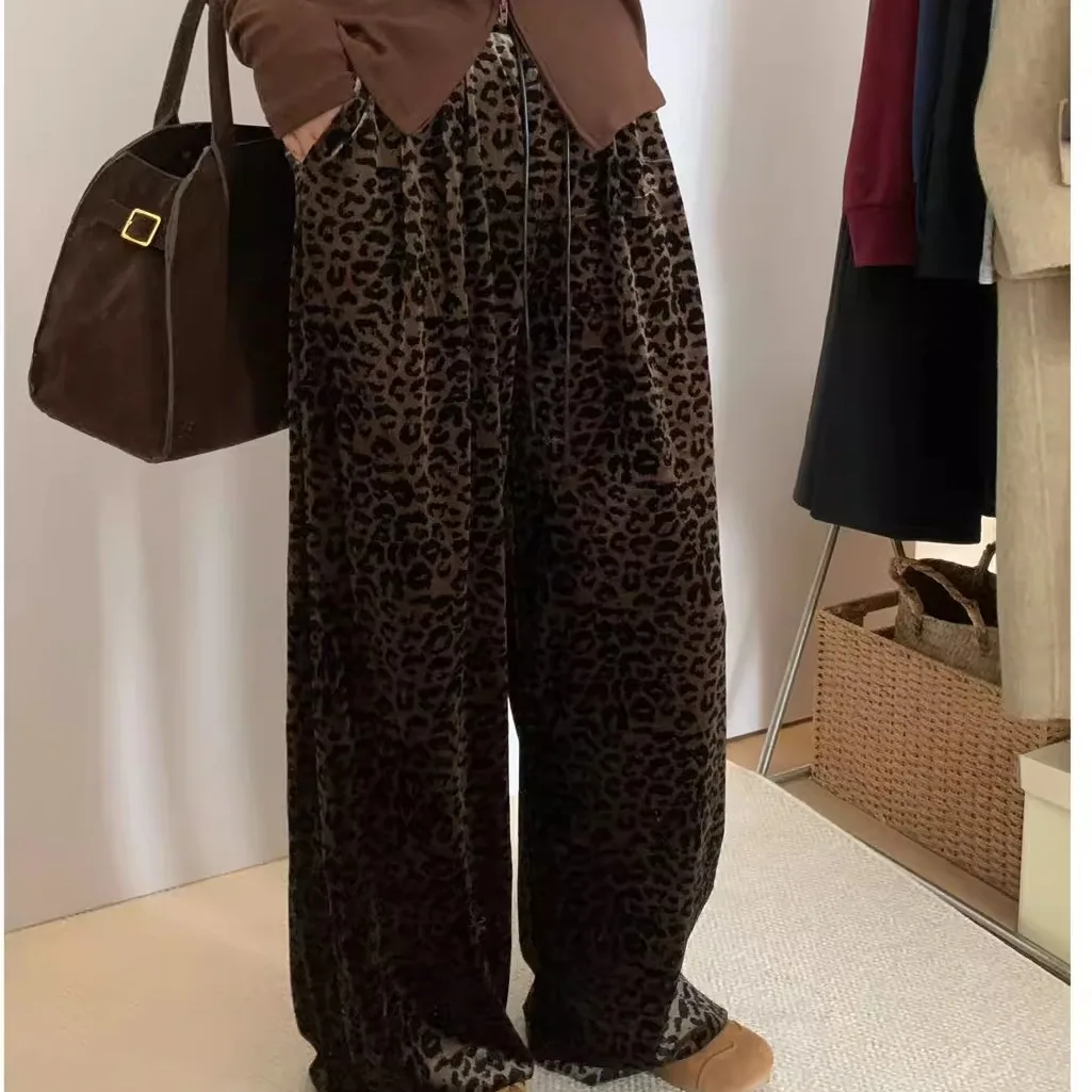 2024 Autumn and Winter Retro Leopard Print Drape Velvet Casual Pants Women's Elastic Waist Loose Wide Legs Floor-Mopping