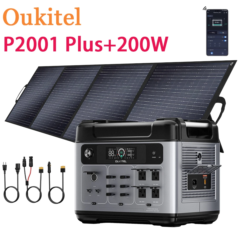 

OUKITEL P2001 Plus 2400W Solar Power Station 2048WH LifePo4 Battery + 200W Solar Panel App Features 4800W peak For Travel RV Van