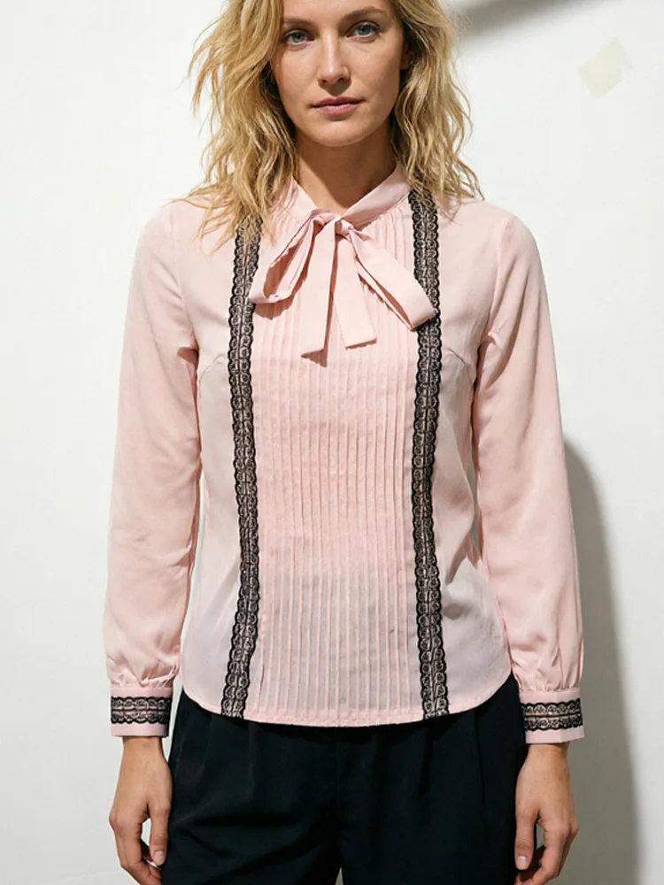 

Новая модная женская блузка с бантом на воротнике и длинным рукавом, элегантный офисный топ для женщин, весна-лето, шифоновая женская рубашка 2026