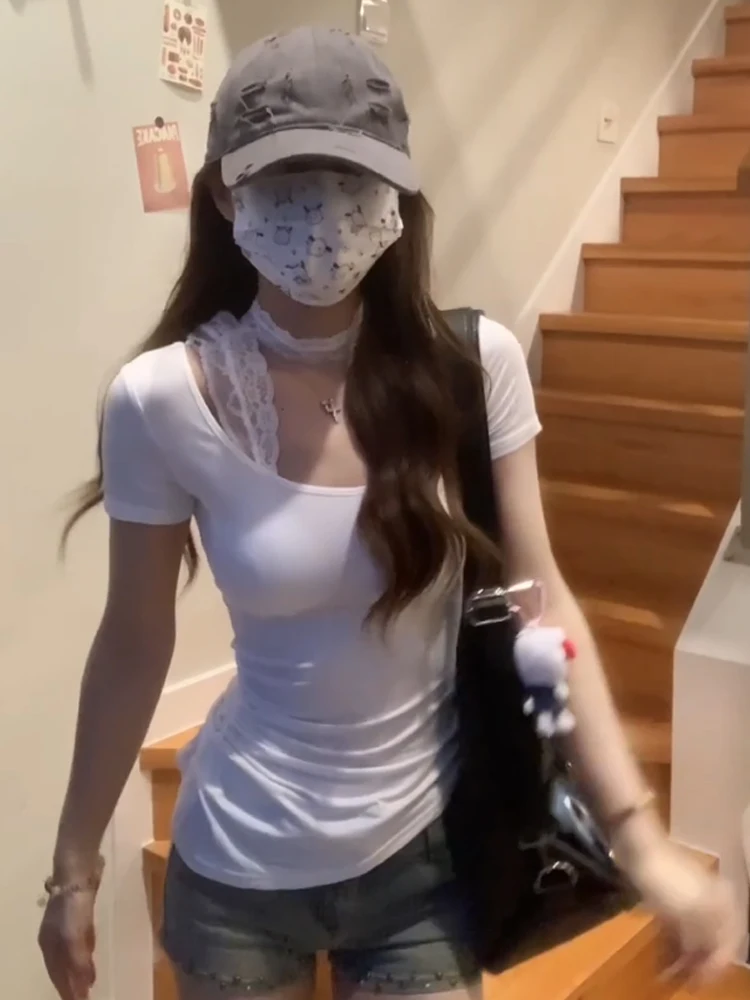 الرغبة النقية الدانتيل تصميم ort Sve تي شيرت المرأة الصيف سليم صالح U-Ne معلقة Ne قميص أبيض Ele Faionable التخسيس