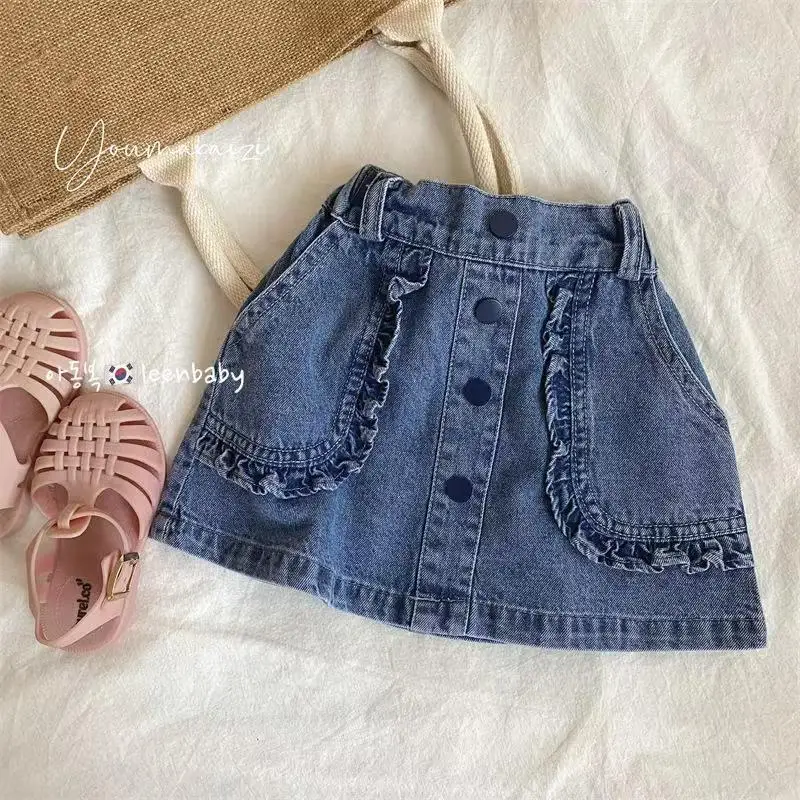 2026 Korean Version Of Girls' Summer New Sweet Denim Short Skirt Lace Hollow Out Shirt Half Skirt