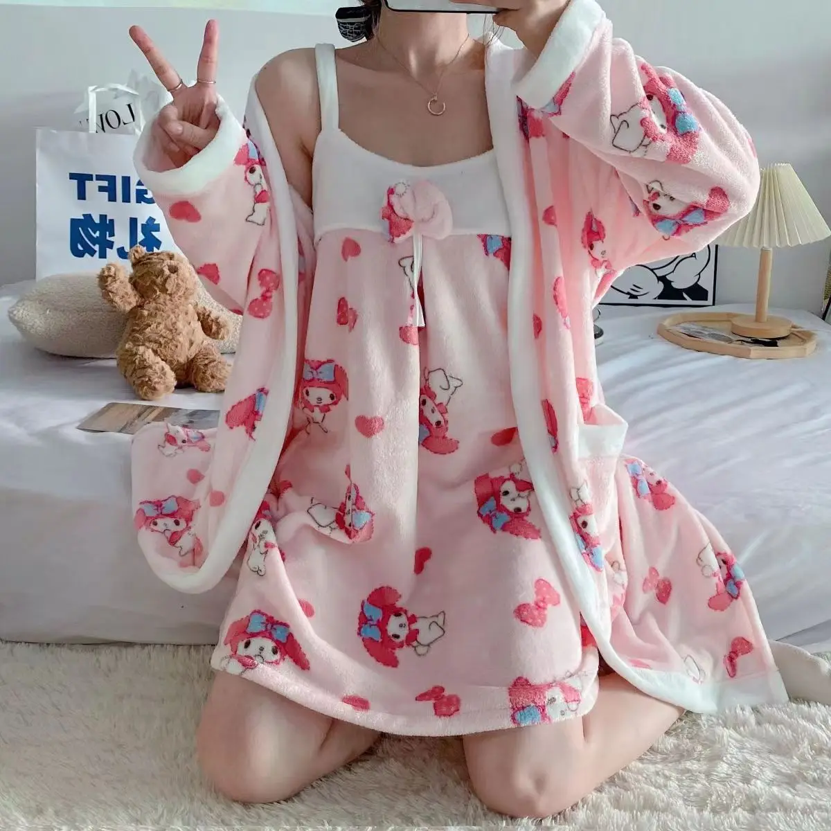 Cinnamoroll Nightgown Sanrio Anime Sexy Thick Warm Flannel Print Nightgowns Robes Set For Women Sleepwear Bathrobe Night Dress