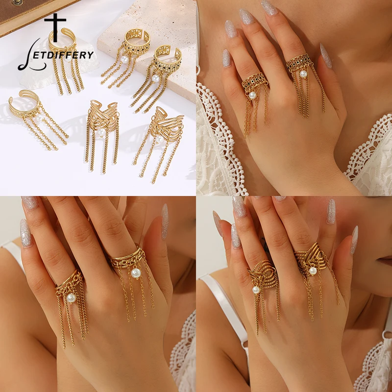 Letdiffery Trendy Imitation Pearl Tassel Chain Wide Open Rings for Women Boho Statement Geometric Adjustable Ring Party Jewrlry