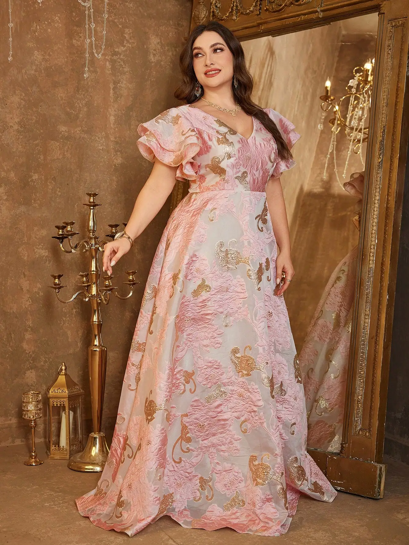 

Plus Size Women V-Neck Ruffle Sleeve Embroidered Formal Evening Gown