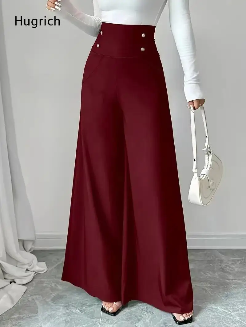 Black High Waist Double Metal Button Wide Leg Palazzo Pants Women Pocket Flowy Floor Length Office Casual Dress Trousers
