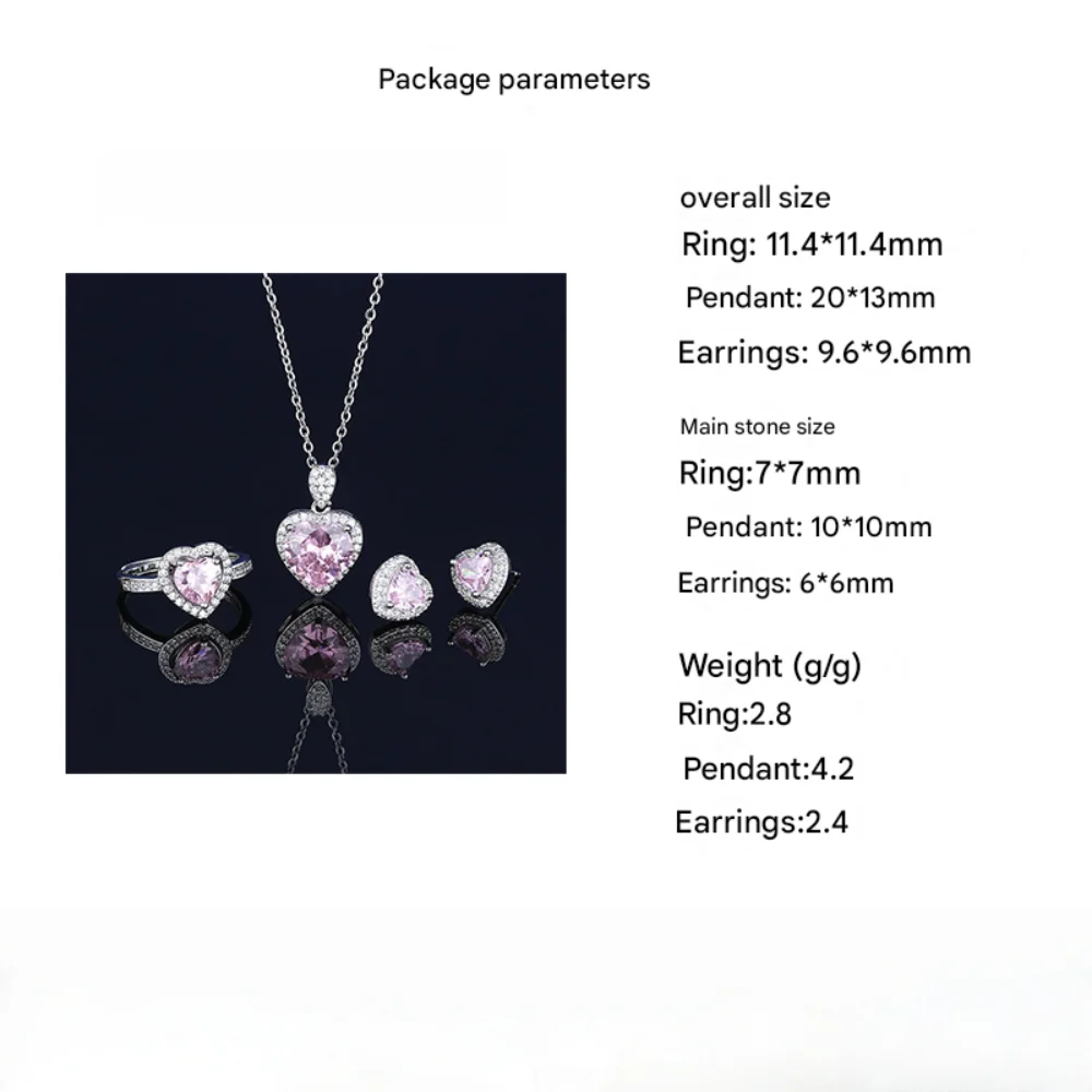 925 Sterling Silber Stilvolles Elegantes Herz Rosa Zirkon Halskette Ohrringe Ring Set Geburtstag Jubiläum Geschenk Damenschmuck – Detail 1
