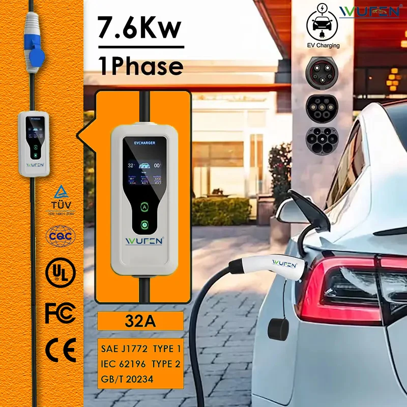 Wuben GBT شاحن محمول evv Wallbox ، نوع 2 كابل ، 32 أ ، 7.6 كيلو وات ، CEE Plug ، EVSE ، Type1 صندوق شحن ، محول J1772 ، 5 م ، 10 م ، 20 م ، المنزل