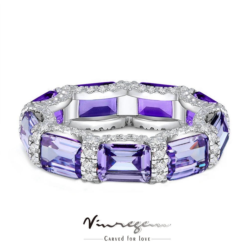 

Vinregem 925 Sterling Silver 5*7MM Amethyst Synthetic Moissanite Row Gemstone Wedding Cocktail Ring for Women Gift Drop Shipping