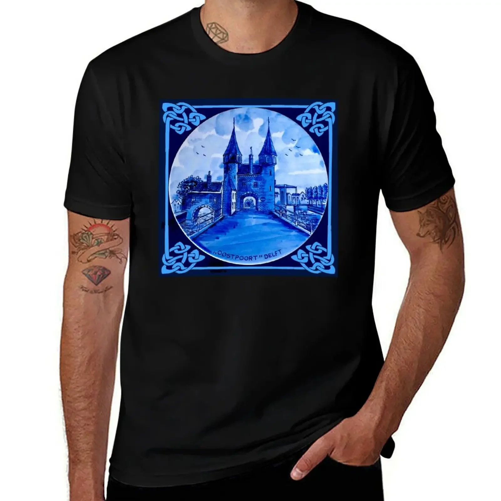 DUTCH BLUE DELFT : Vintage Oostpoort Gate Closeup Print T-Shirt blanks Short sleeve tee tshirts for men