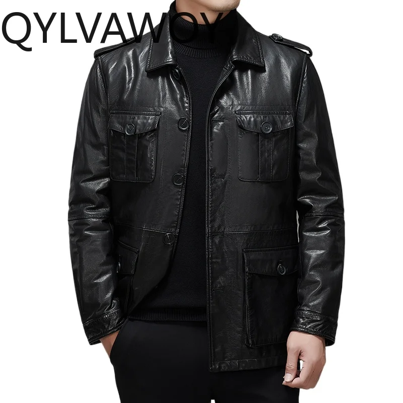 

Мужская кожаная куртка QYLVAWOY из натуральной воловьей кожи, осенне-зимняя мотоциклетная куртка с подкладкой из тутового шелка, пальто с отложным воротником для мужчин