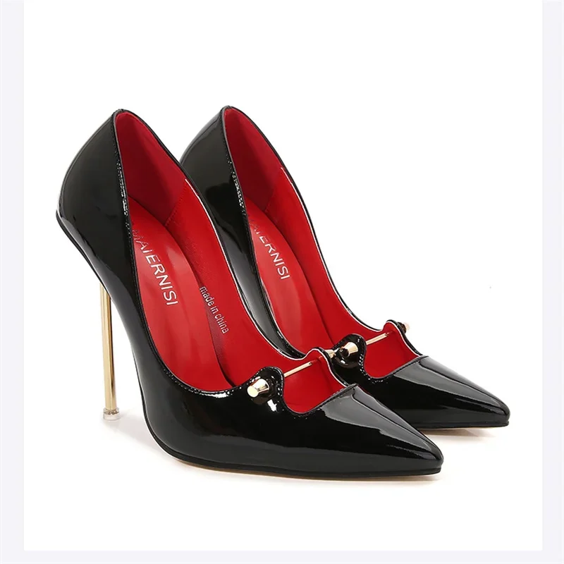 

12cm metal slim high heels sexy summer high heels women's high heels ankle strap fetish pointed black unisex shoes