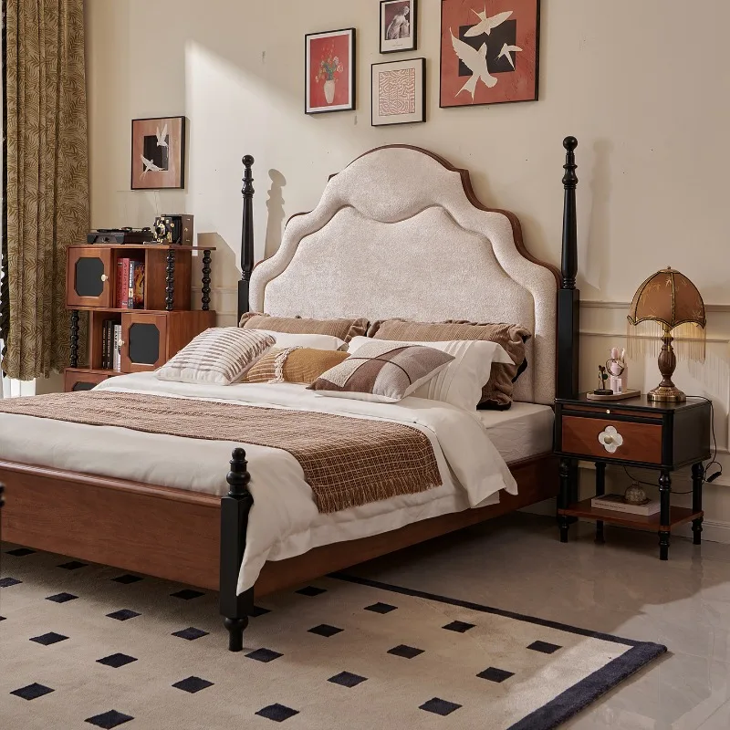 

French Solid Wood Bed Frames Mid-Century Style Creative Design Double Bed Luxury Design Bedroom Furniture Somier Con Patas FYBB