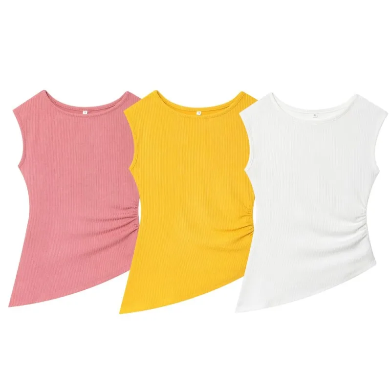 

HipSeam Textured Draped Top Women Boat Neck Women's Short Top Sleeveless Waistcoat Lady Asymmetric Hem Camisole Female Top